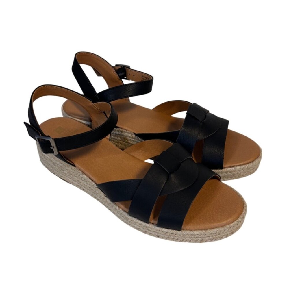 White Mountain Black Wide Strap Espadrille Sandals with Ankle Buckle Size 8.5M